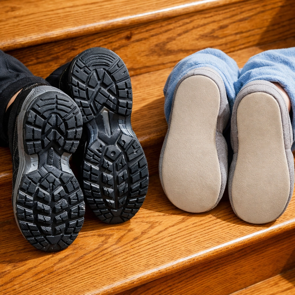 Comparison of non-slip shoes versus slippery slippers on wooden stairs
