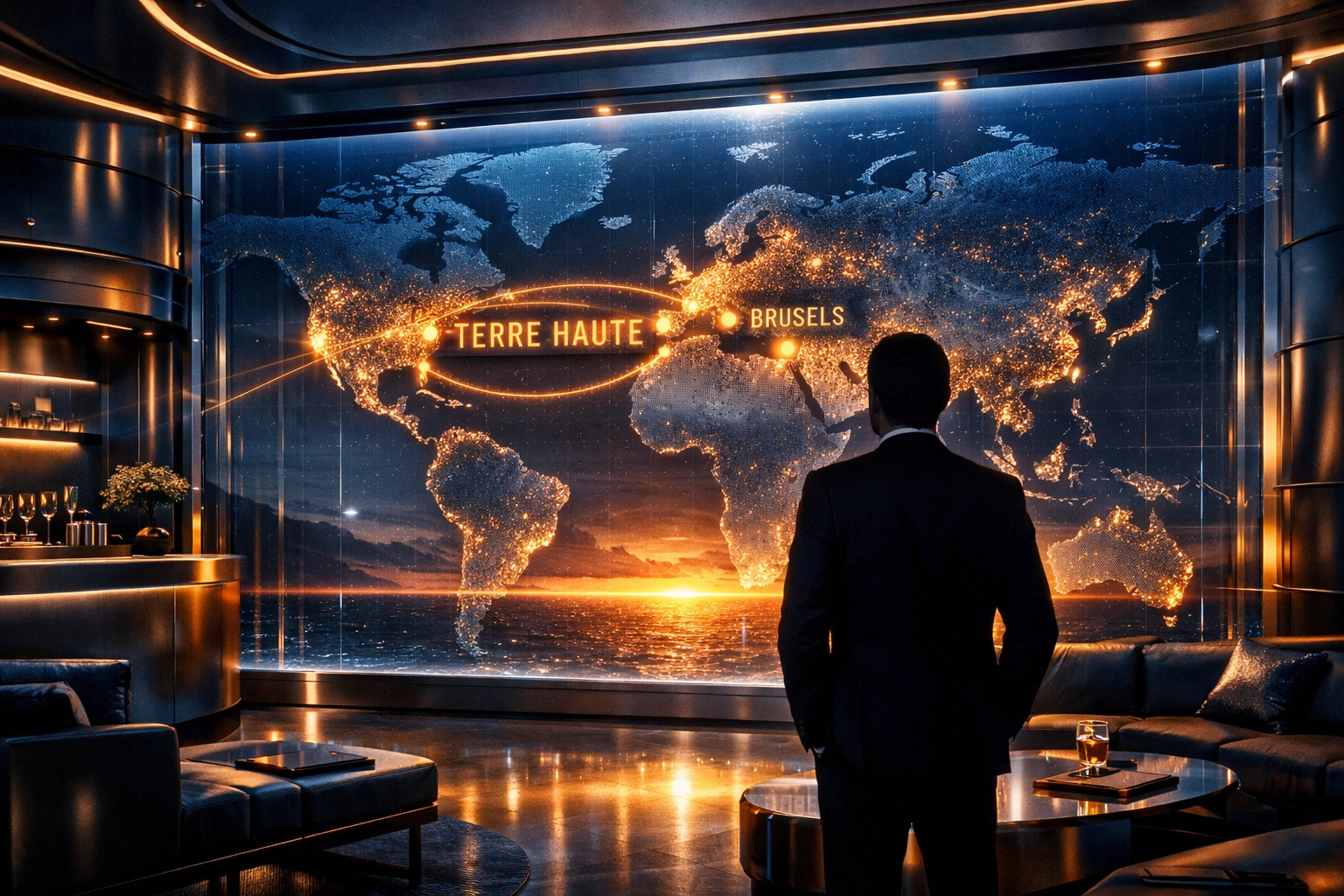 Executive lounge displaying global time zones for Terre Haute business travelers and logistics.