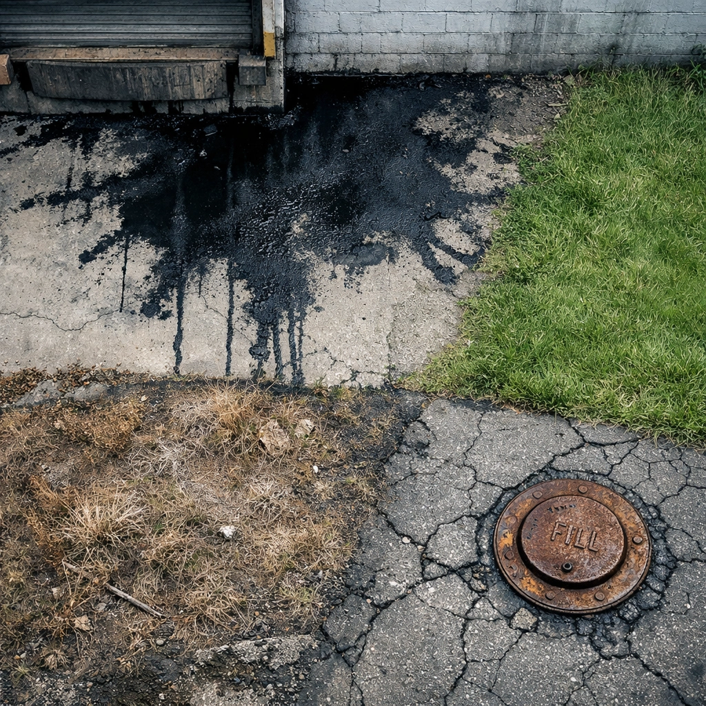 Industrial property showing oil stains on concrete and soil contamination from underground storage tank