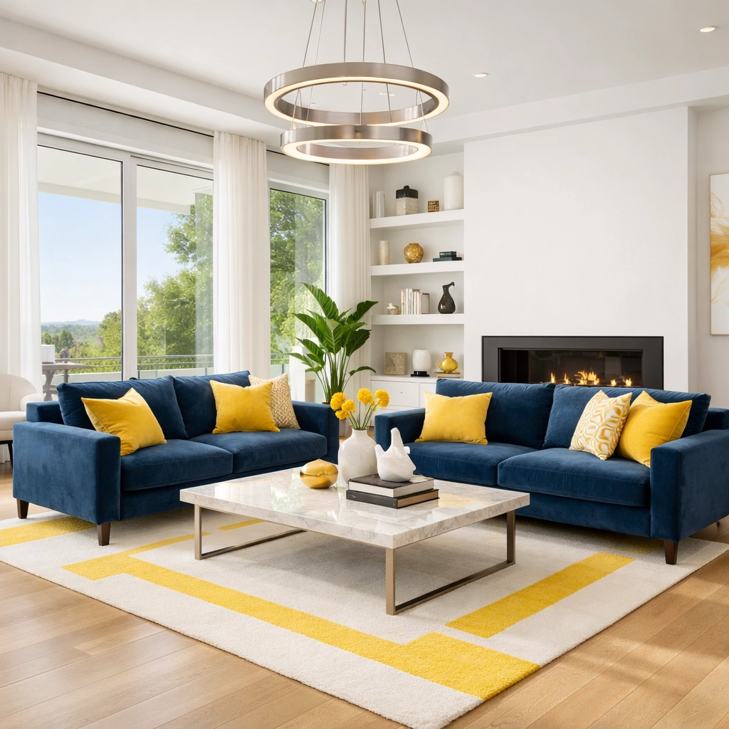 Sunlit modern living room with blue sofas, highlighting professional weekly house cleaning services in Arlington.