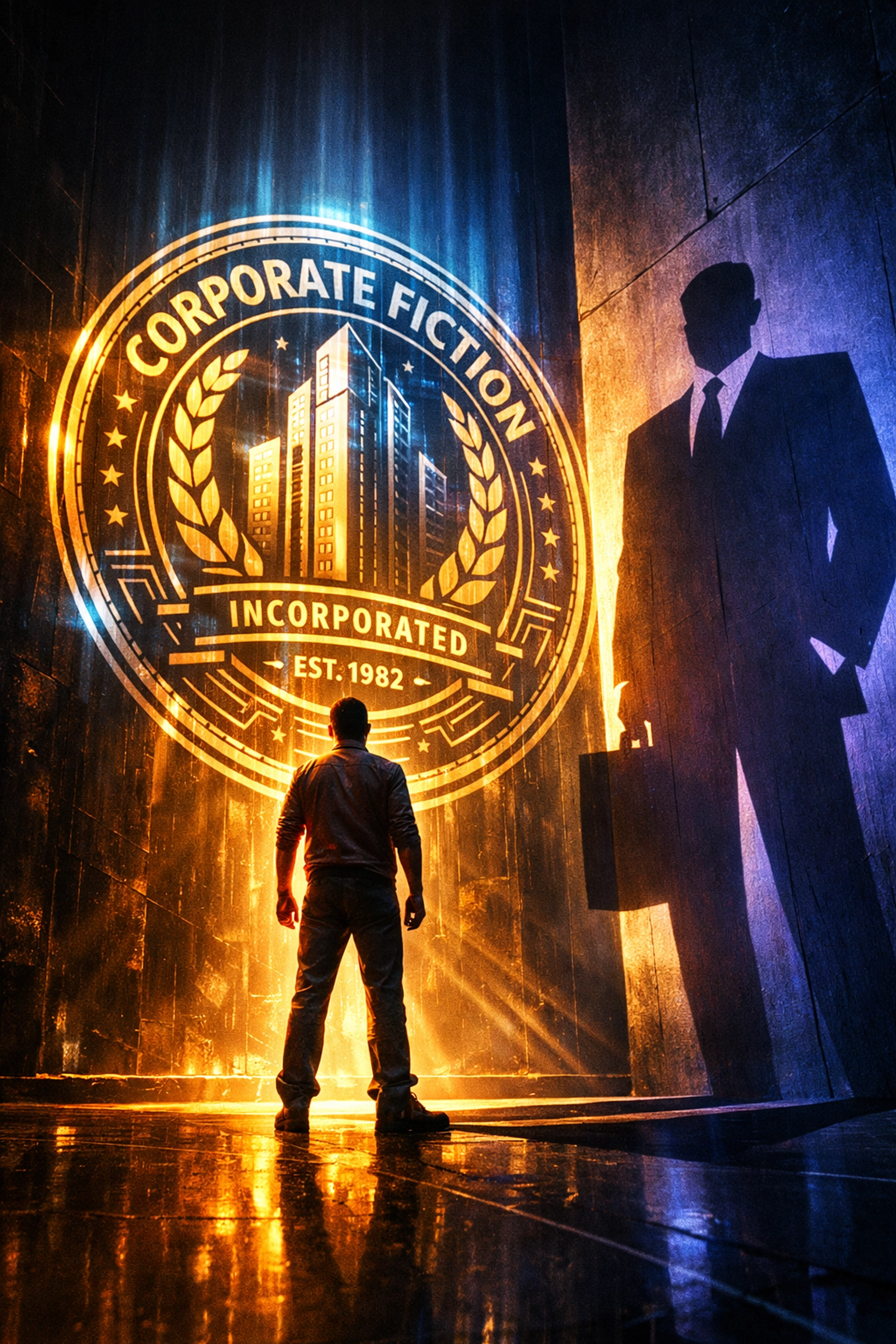 Man facing a holographic corporate seal as his shadow reveals the legal fiction strawman status.
