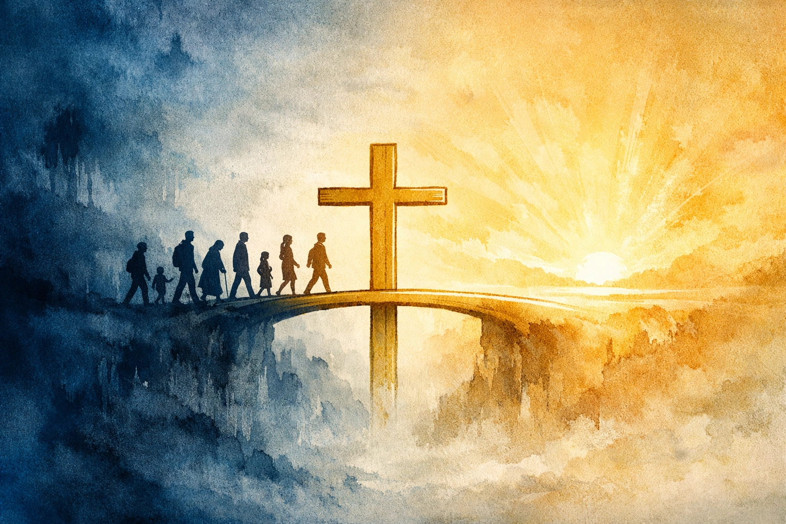 A diverse group walking toward a golden cross, illustrating redemption and the hope of the 16 Fundamental Truths.