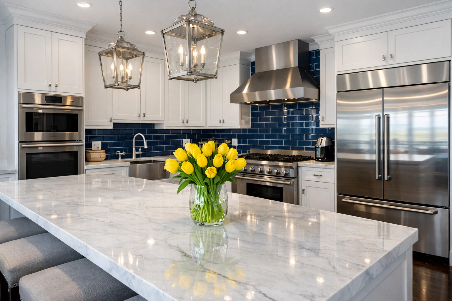 Gleaming designer kitchen in Westford showing professional-grade maintenance from a recurring house cleaning service.