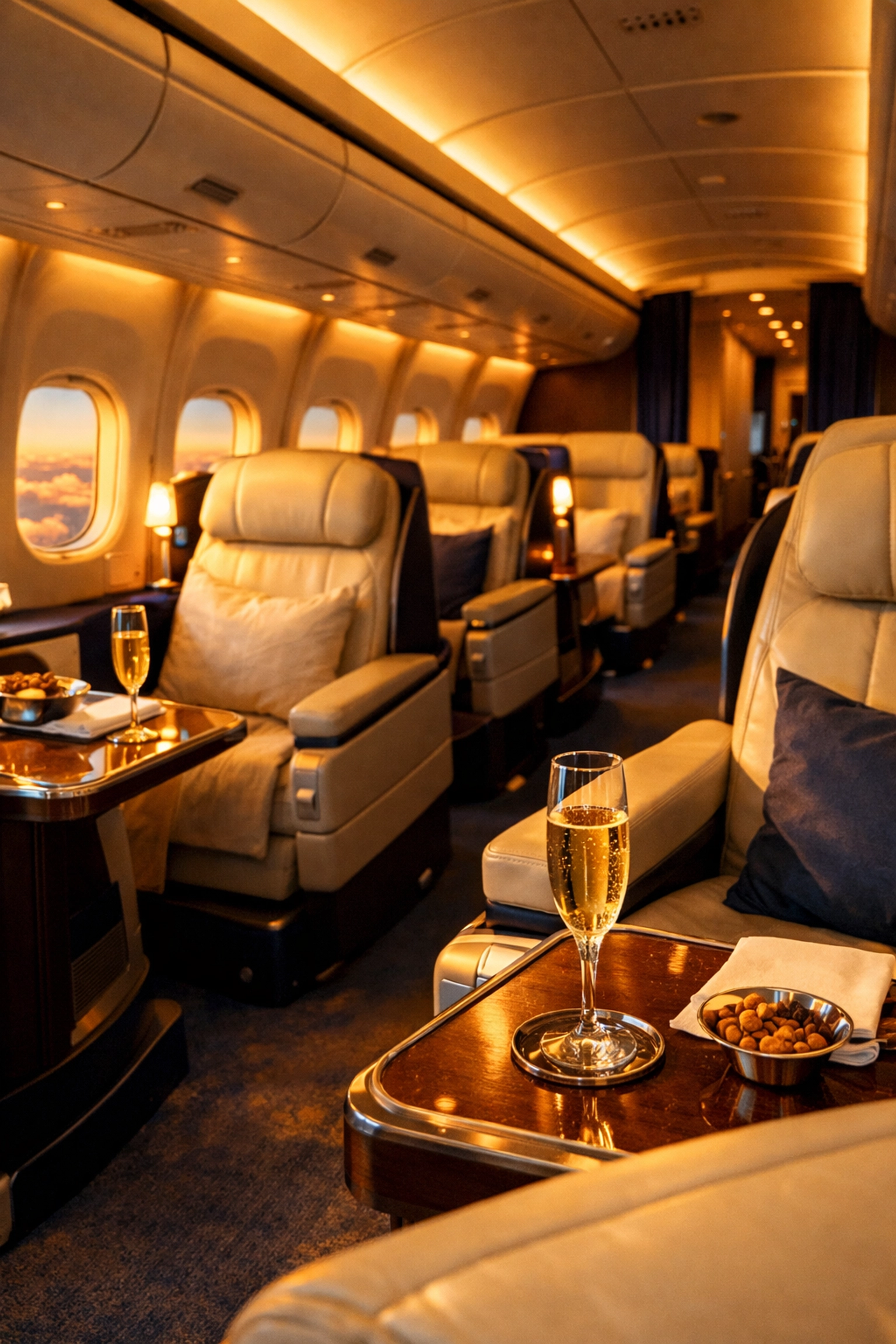 Luxury business class airplane cabin with lie-flat seats and premium amenities
