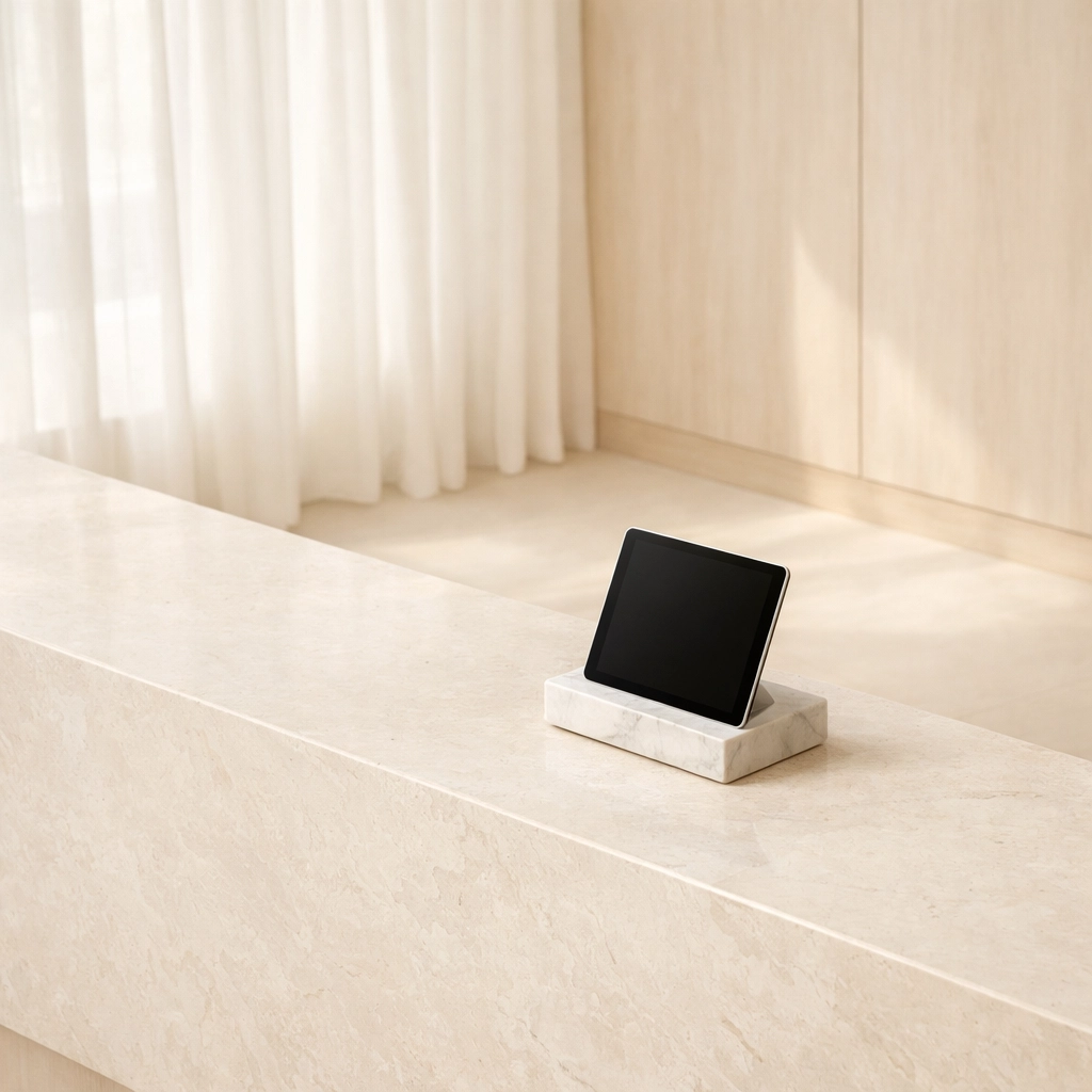 Minimalist boutique hotel reception desk with a tablet, showcasing cloud-native PMS efficiency.