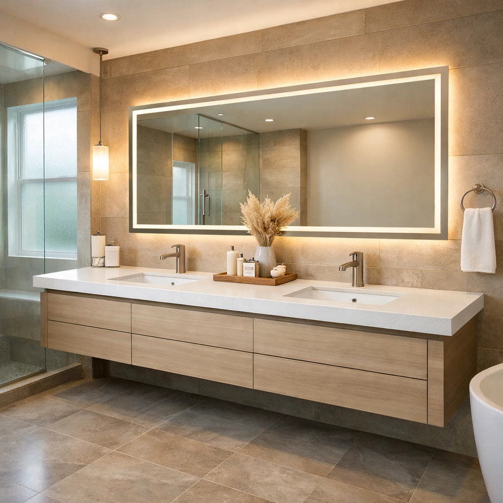 Luxury bathroom renovation Orlando featuring floating vanity, backlit mirror and spa-like design