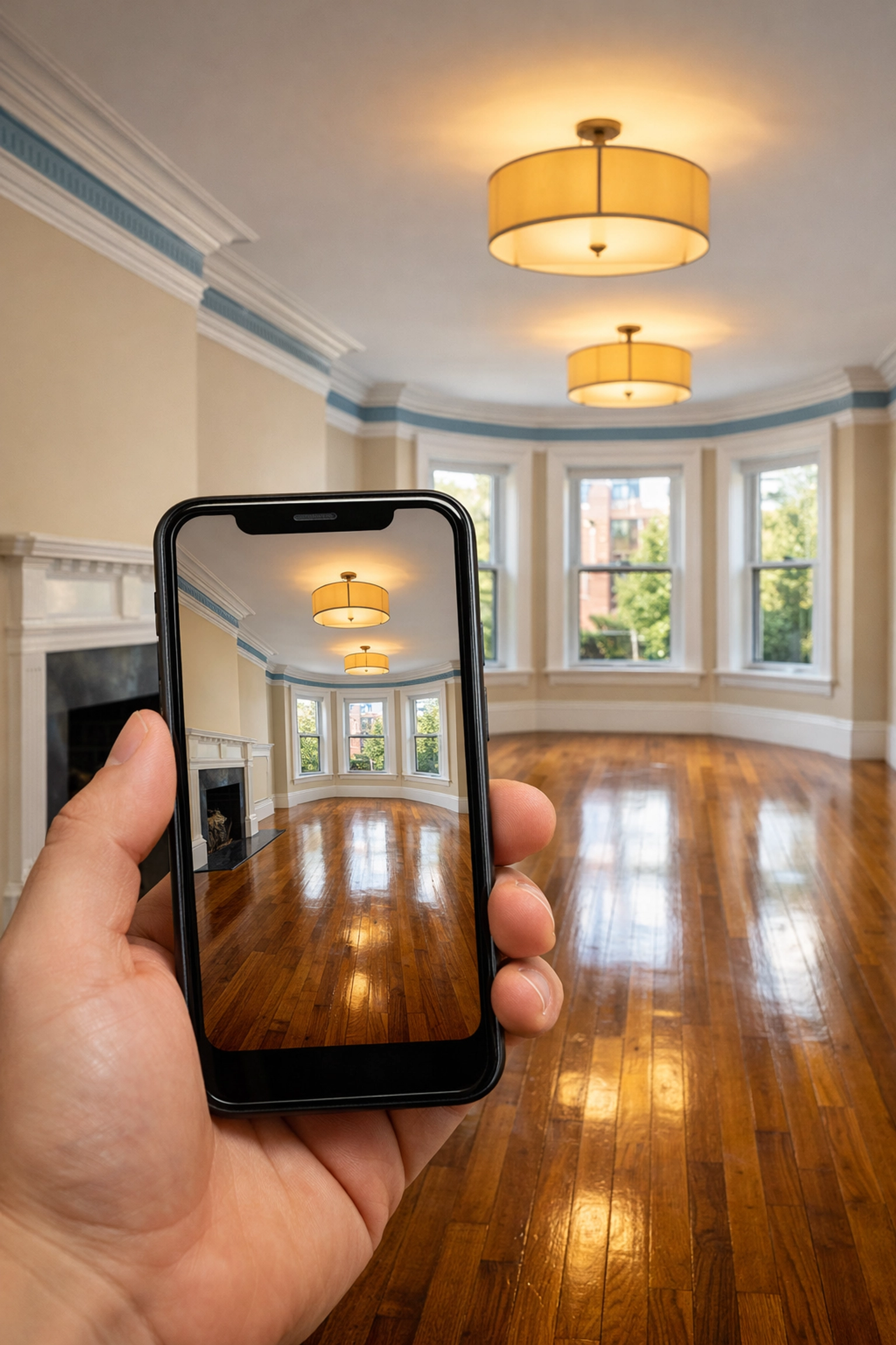 Taking photos of a clean Boston brownstone living room to document the apartment move-out condition.