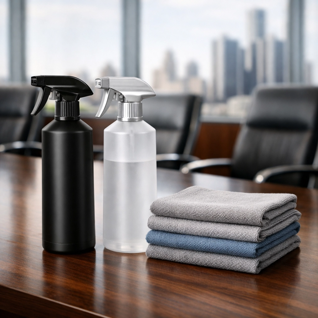 Professional cleaning supplies on a polished walnut table in a Detroit executive boardroom for surface-specific care.