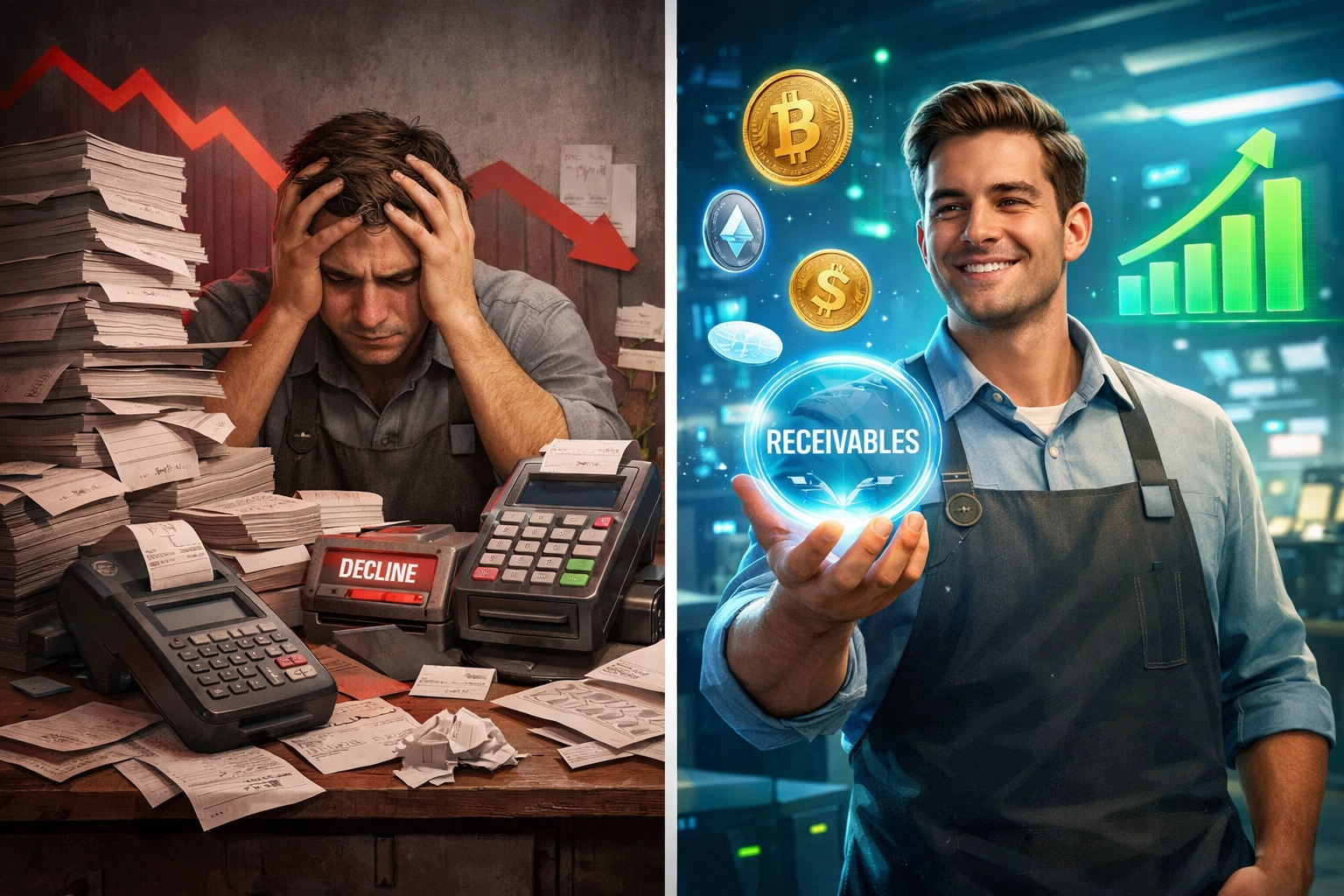 Merchant comparing traditional payment invoices versus Web3 receivables tokens with instant liquidity