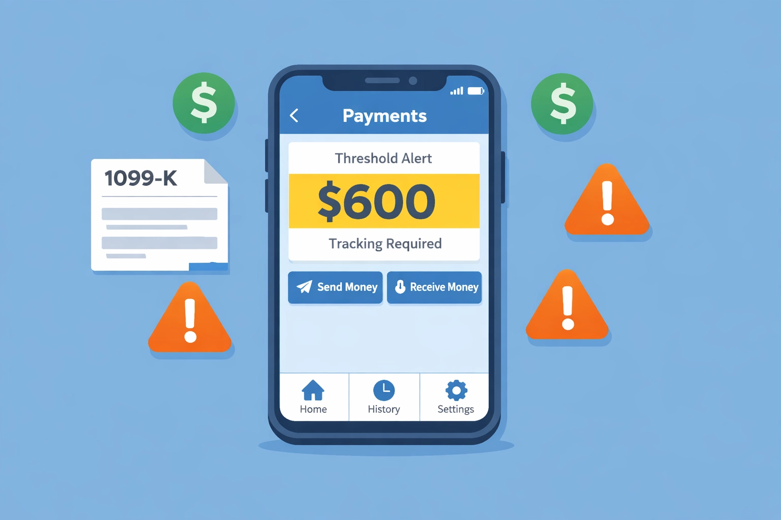 Payment app showing $600 IRS reporting threshold for 1099-K tax form