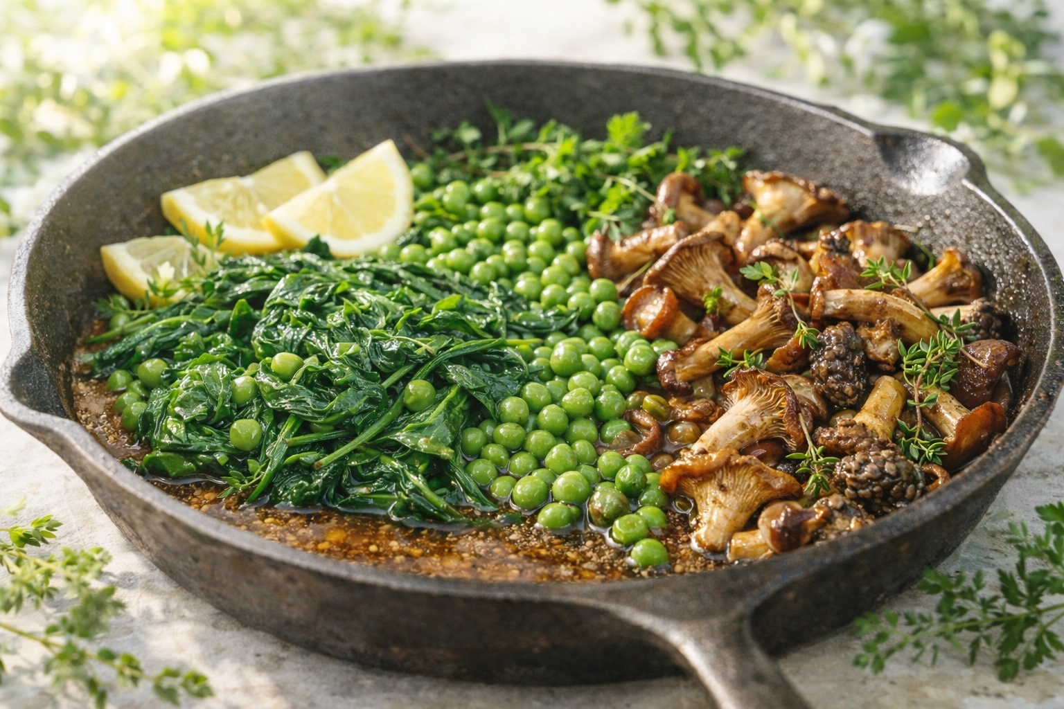 A juicy seared pork chop with a caramelized crust in a cast iron pan, seasoned with fresh thyme and garlic.
