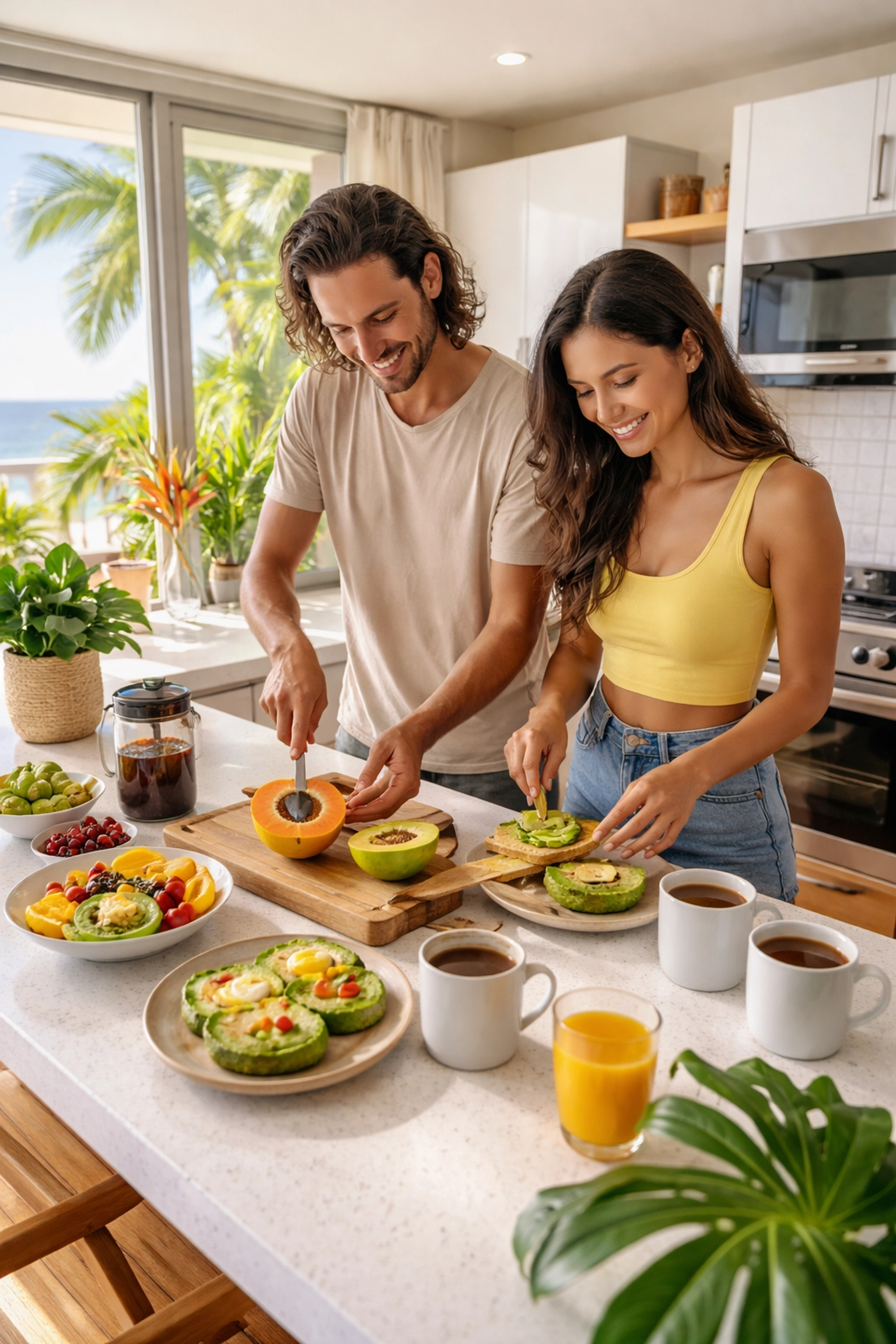 Modern Puerto Vallarta condo kitchen with couple making breakfast, sunlight, and tropical plants