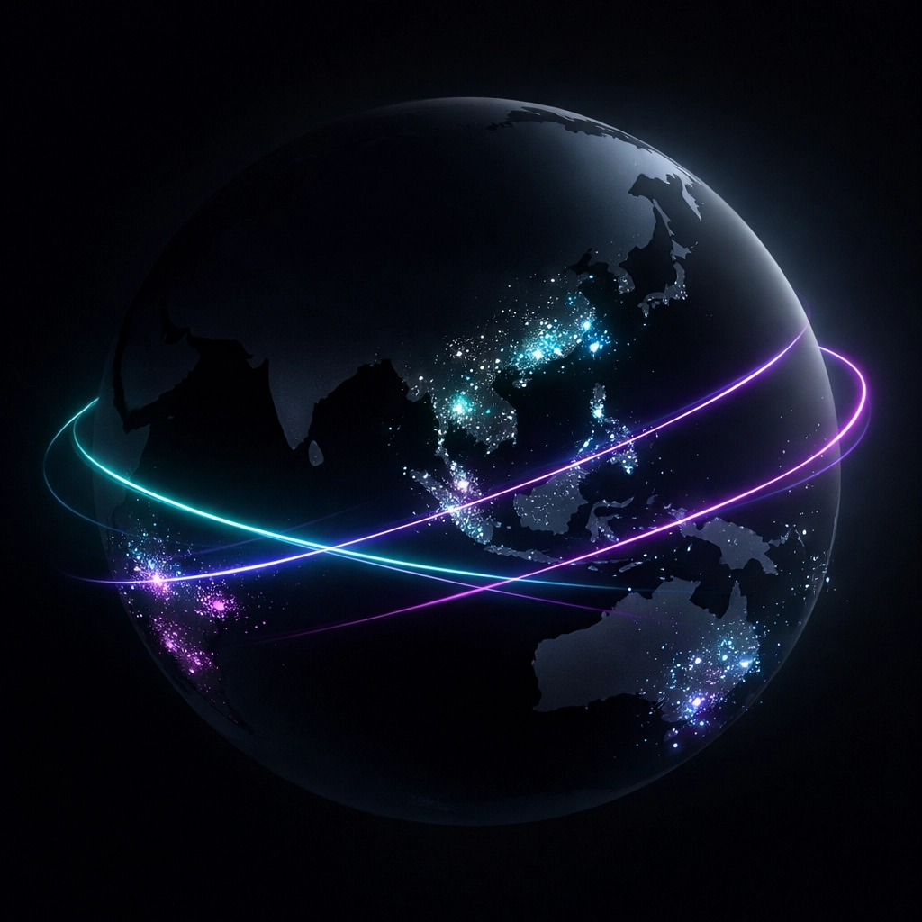 Abstract digital globe with glowing neon lines representing global payment infrastructure in emerging markets.