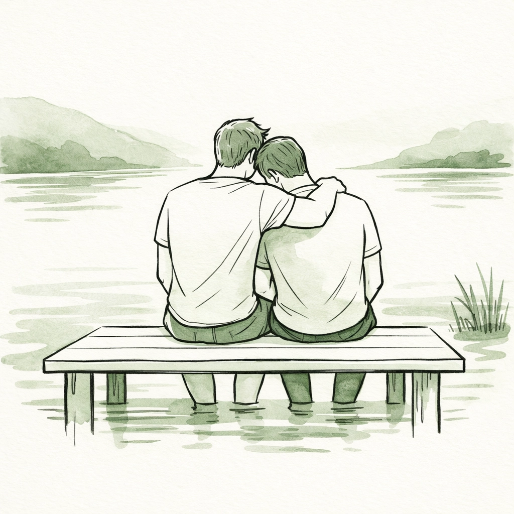 An MM couple finding emotional support and a safe harbor together on a quiet, minimalist pier.