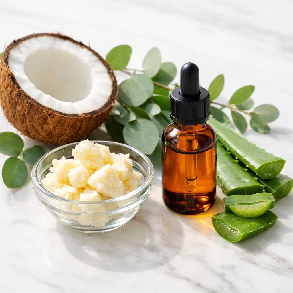 Natural body wash ingredients including eucalyptus, coconut, shea butter, and aloe on marble surface