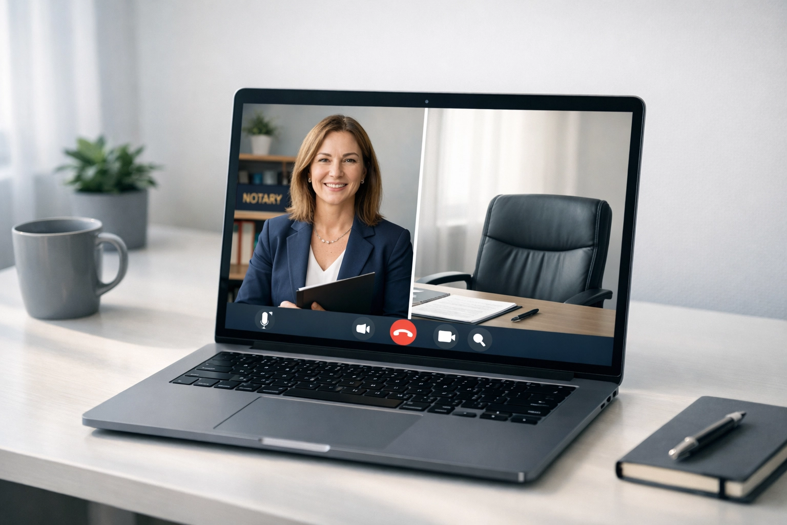 Remote online notarization video call on laptop showing digital notary session