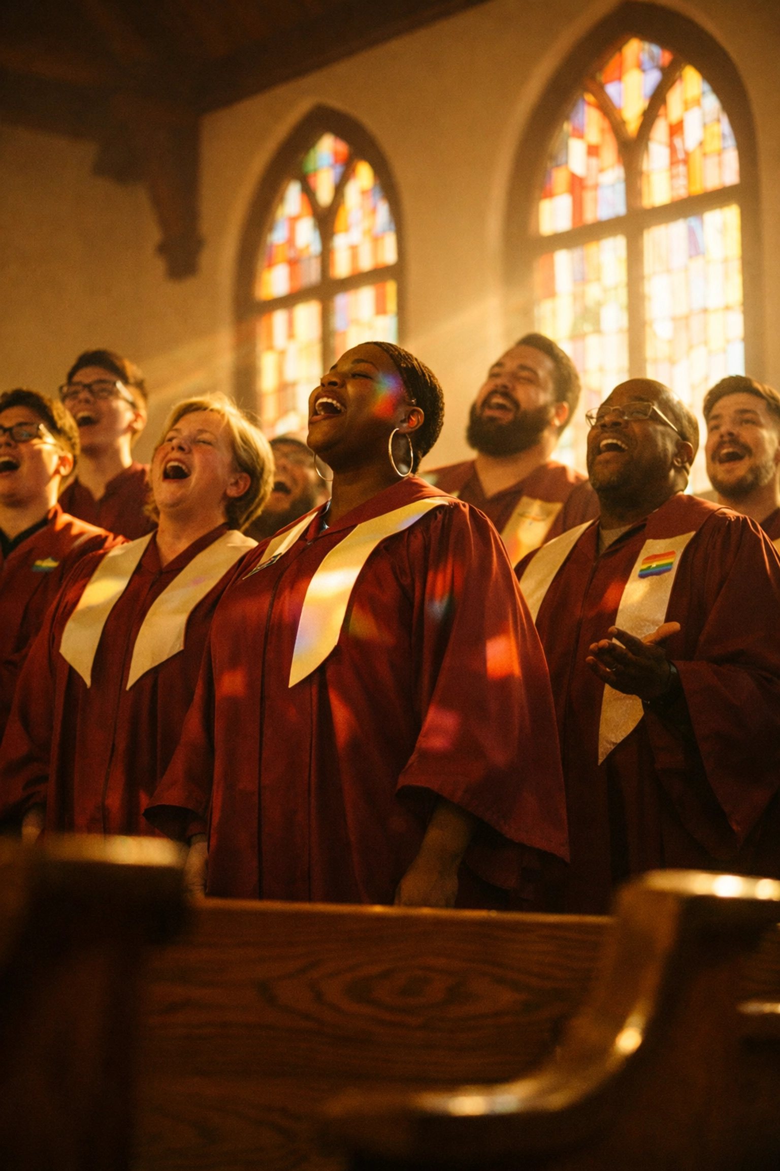 Gospel choir singing in Southern Baptist church during Sunday service
