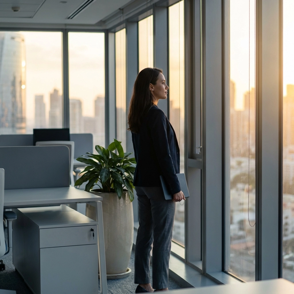 Confident CEO in a bright corner office overlooking city skyline, symbolizing visionary business leadership