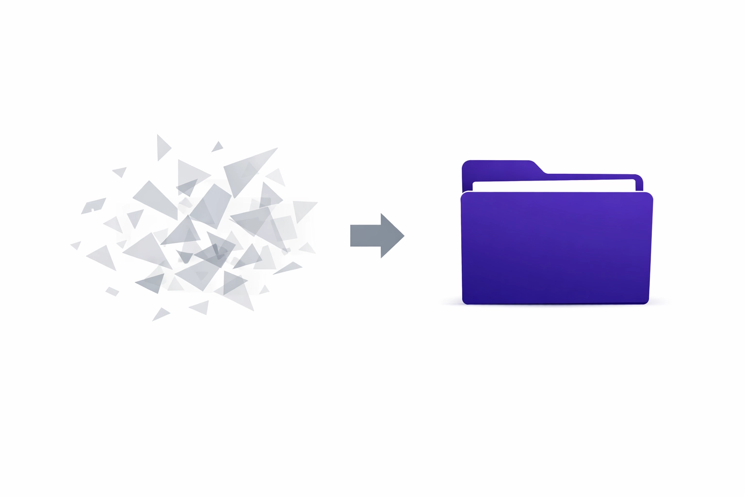 Graphic of chaotic pieces transforming into a neat folder representing professional bookkeeping cleanup services.