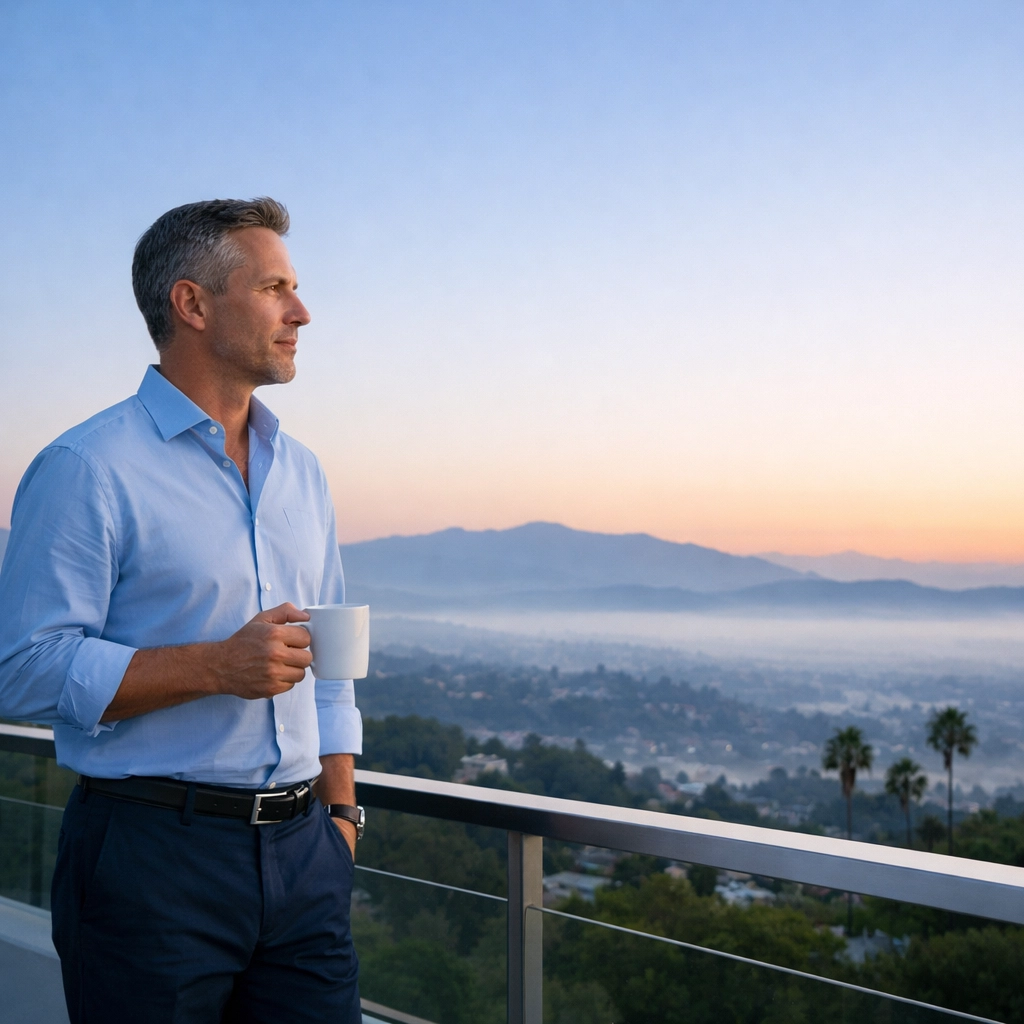 Man overlooking valley at dawn, symbolizing financial growth and flexibility through IUL life insurance.