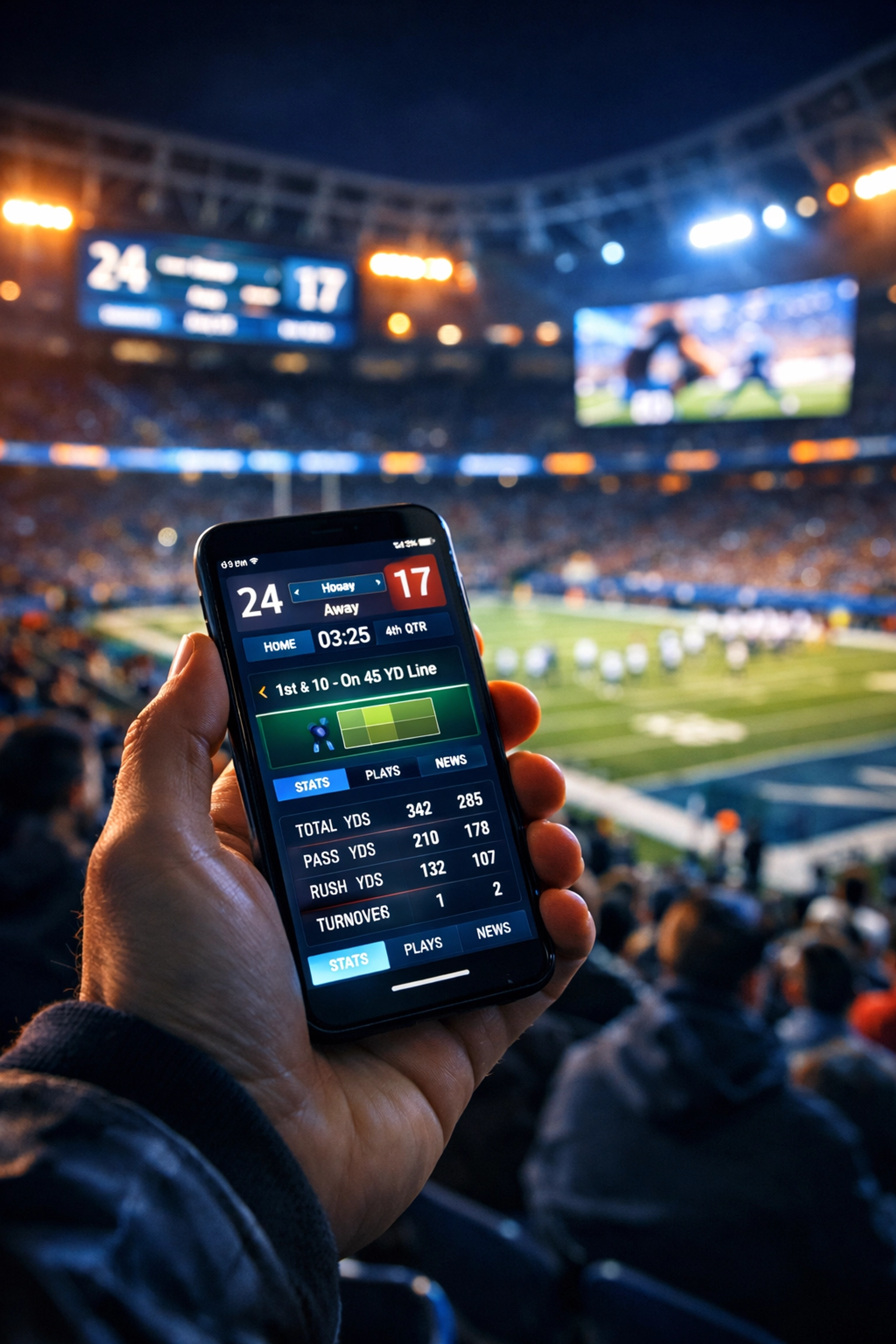 Sports fan using a mobile phone to check stats during a major stadium event, capturing the second screen experience.