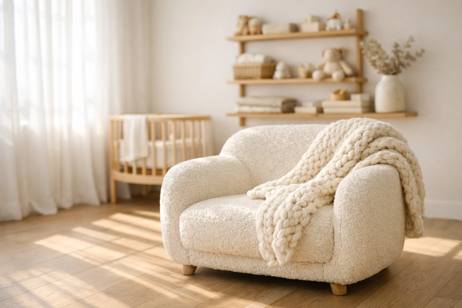 Peaceful modern nursery with organized shelves, representing postpartum support Toronto and mental clarity for parents.