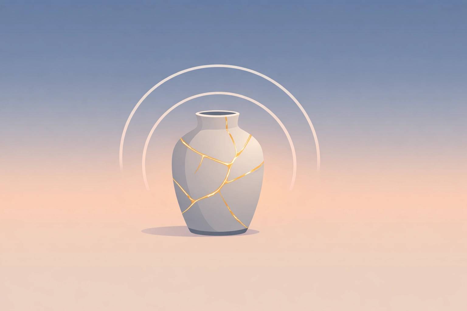 A mended vessel with glowing gold repairs representing God’s restoration of the heart after trauma.