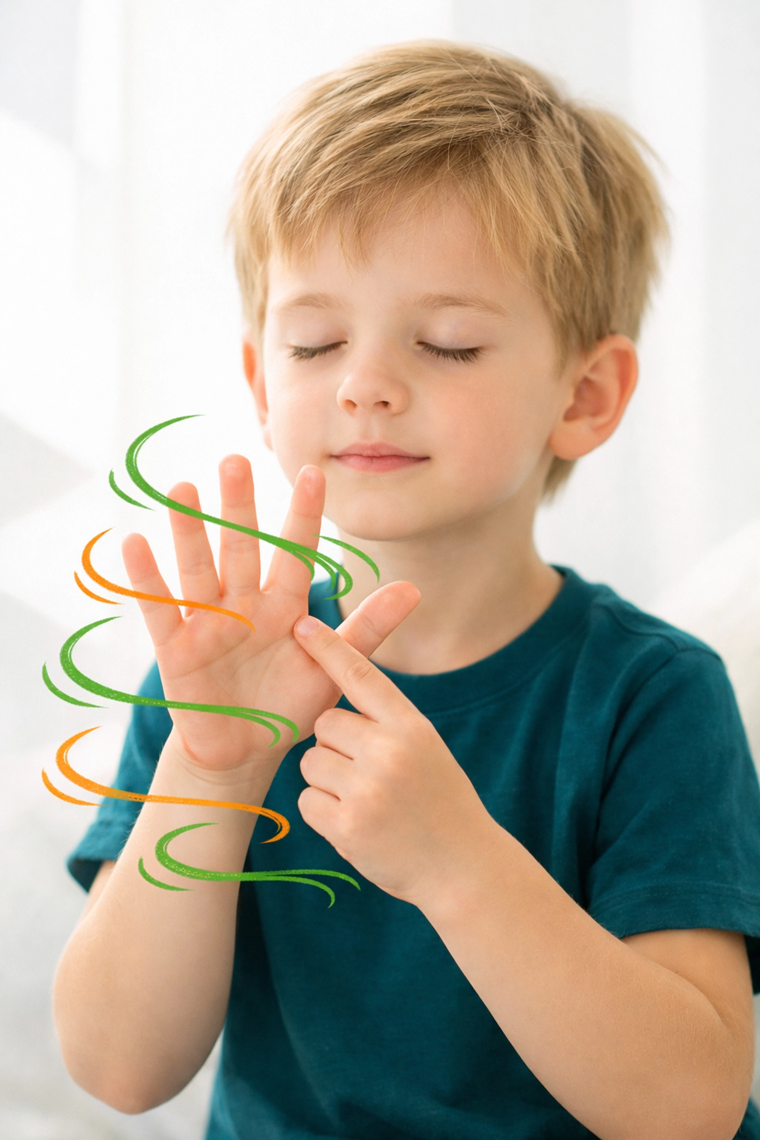A young boy practicing the five-finger breathing technique to improve focus and self-regulation skills.