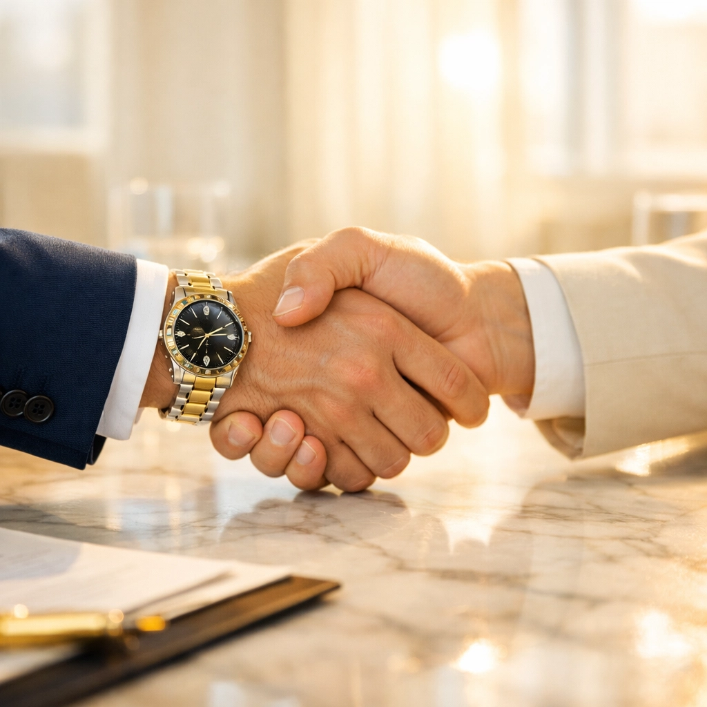 Professional handshake over a marble table representing strategic retirement planning in Wesley Chapel FL.