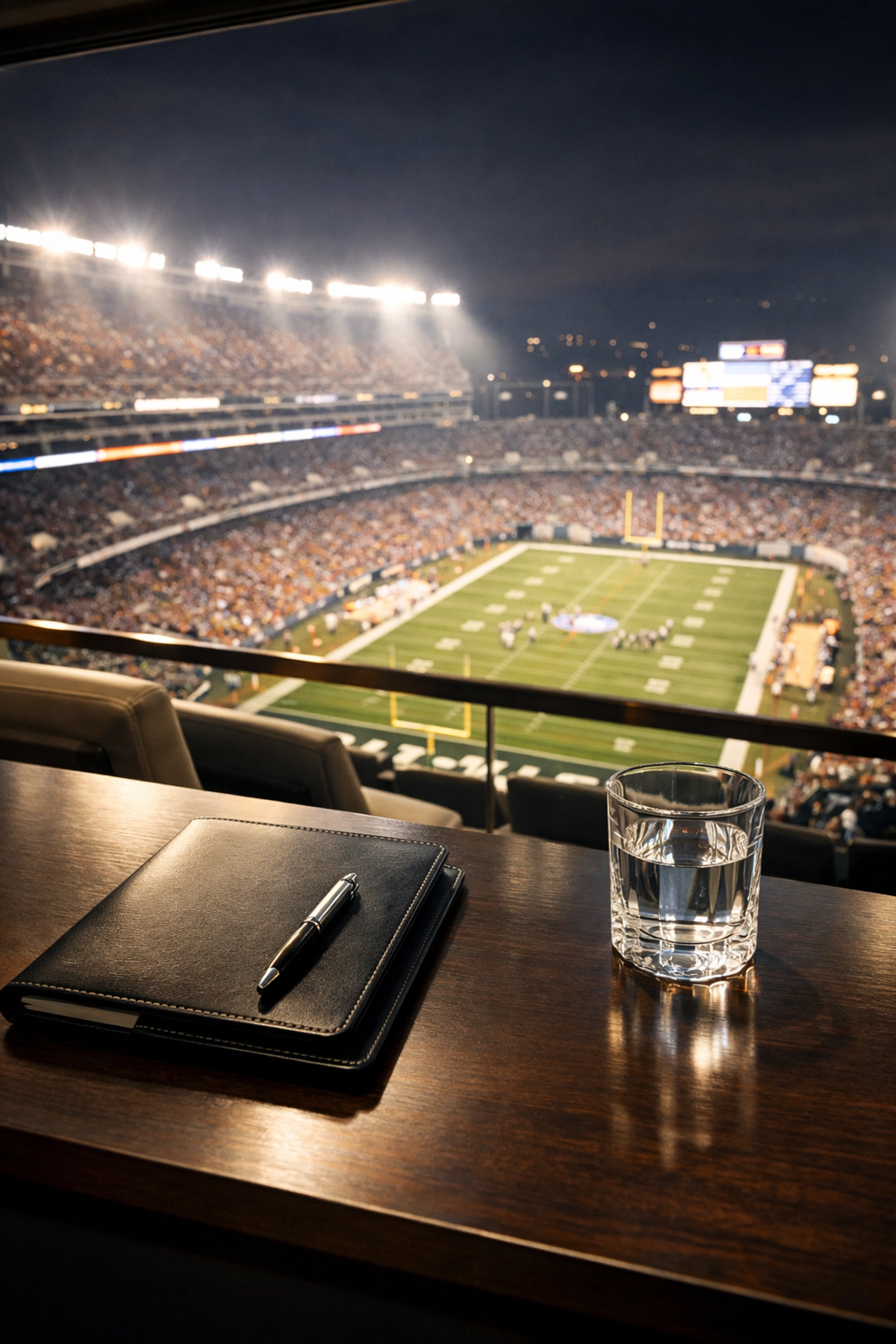 Interior view of a luxury corporate suite overlooking a brilliantly lit football stadium.