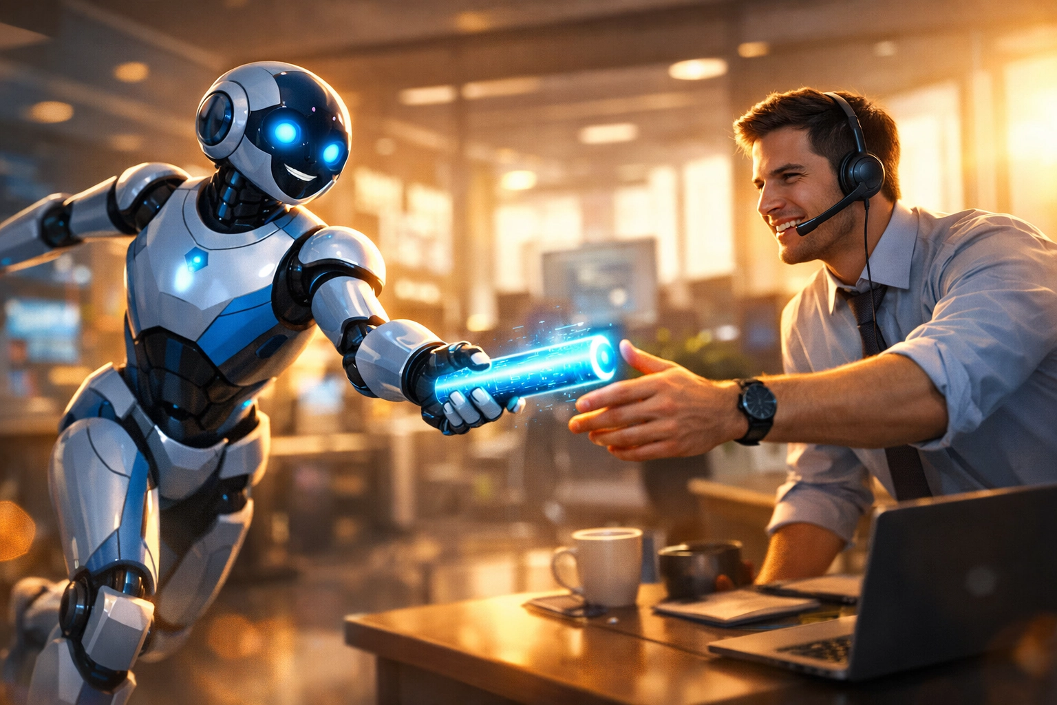 A friendly AI chatbot handing over a customer support ticket to a professional human service agent.