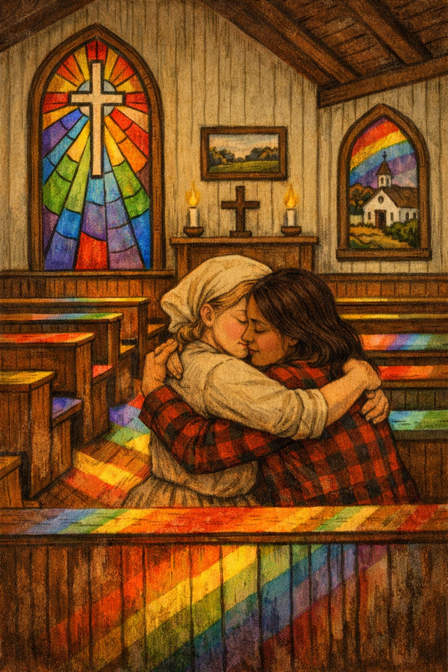 Two women in church with rainbow stained glass symbolizing faith and LGBTQ+ identity intersection