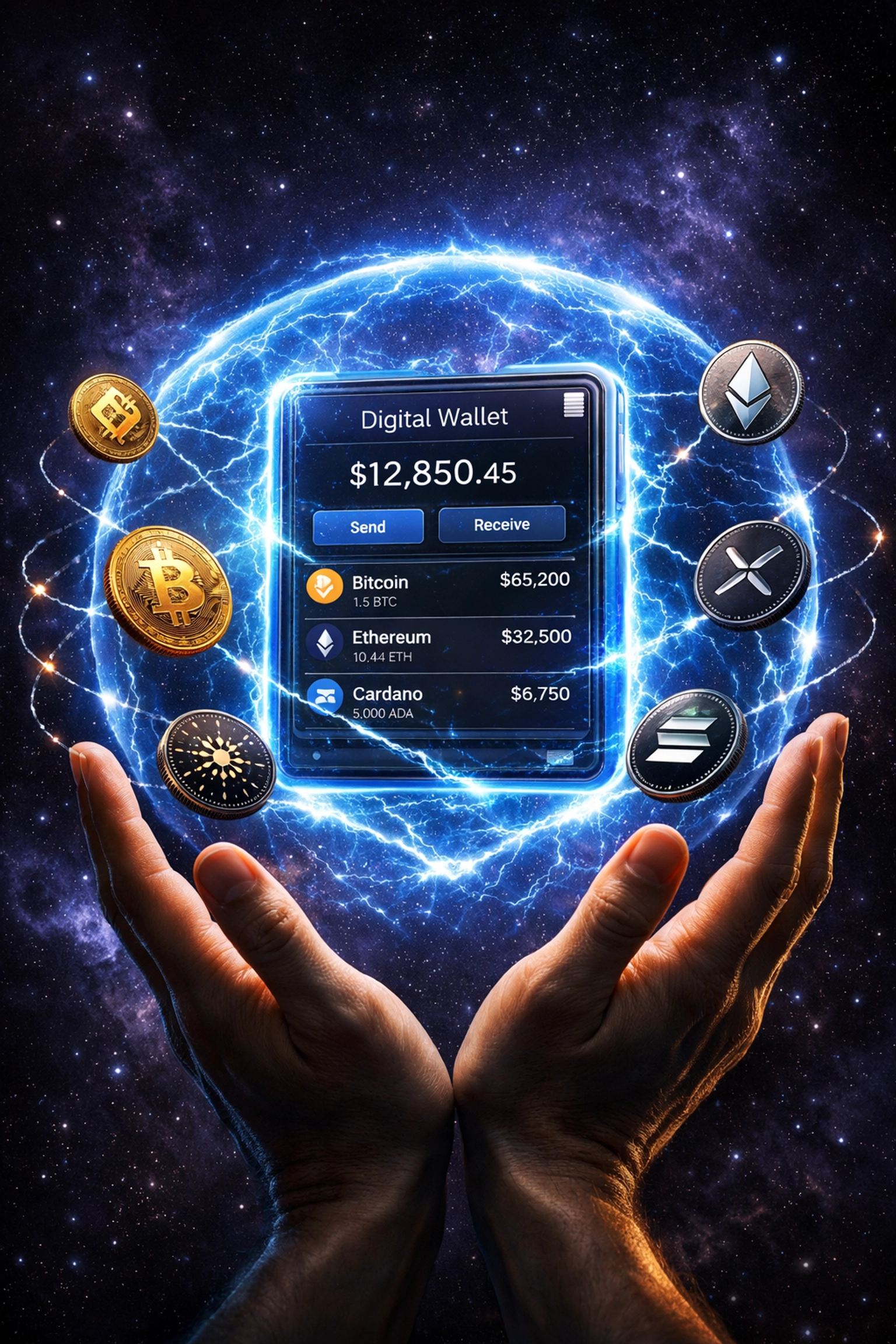 Self-custody crypto wallet protected by hands showing merchant control and security