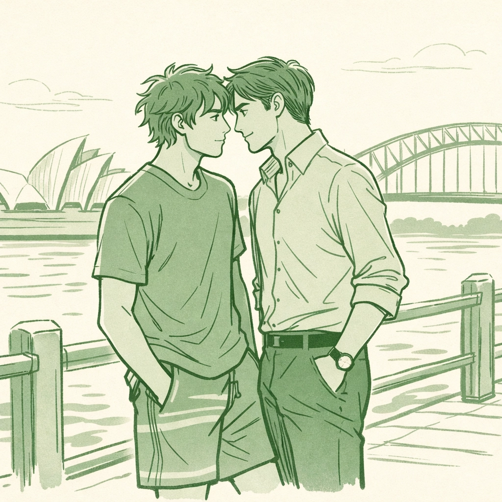 Two men in MM romance at Sydney Harbor with Opera House and Harbour Bridge backdrop