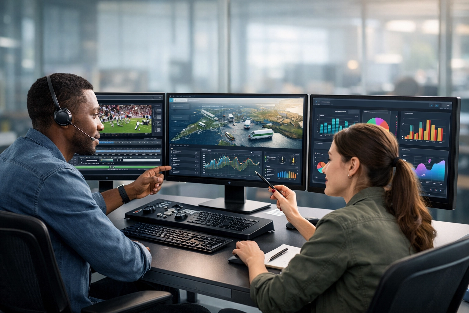 Digital strategists in a media command center managing assets across various global industries for Dakdan Worldwide.