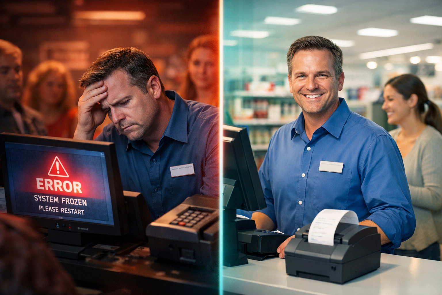 Before and after comparison showing POS system failure and successful recovery in retail environment