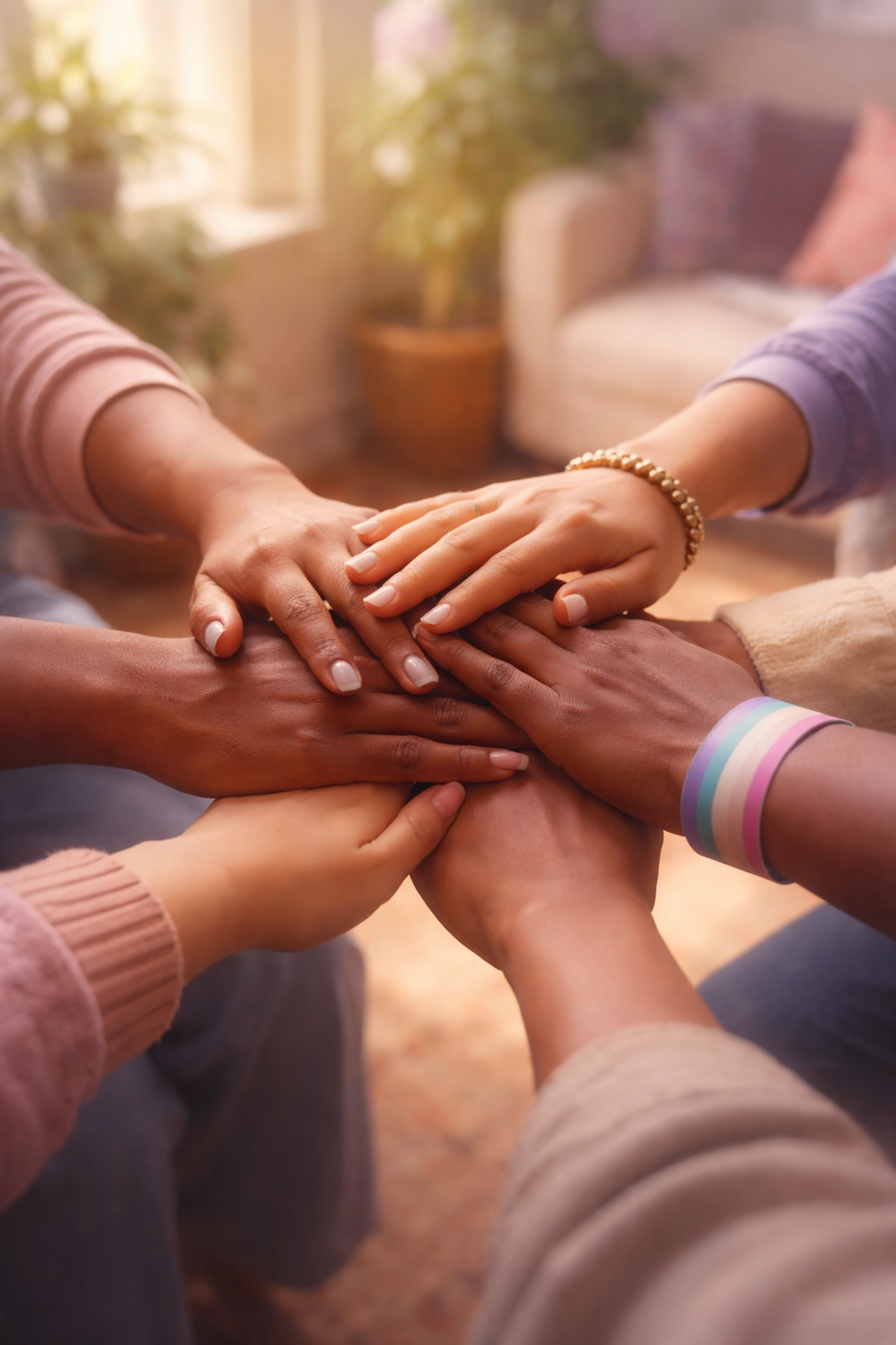 Diverse hands forming a supportive circle, symbolizing inclusive gender-affirming healthcare support.