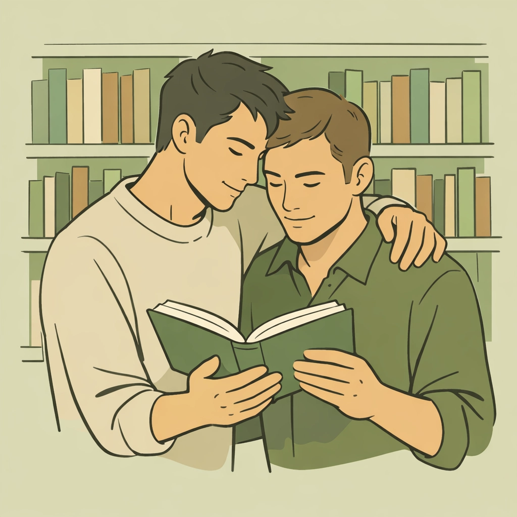 Emotional gay romance story - MM couple reading LGBTQ+ literature together