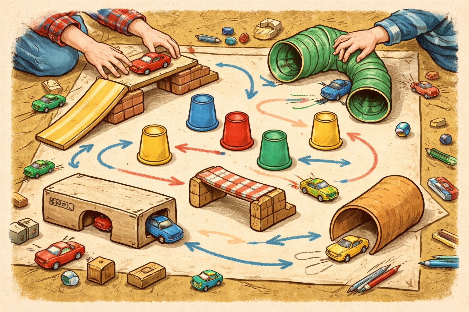 Top view of a homemade toy car obstacle course with ramps, tunnels, and obstacles, as kids build and adjust the layout together.