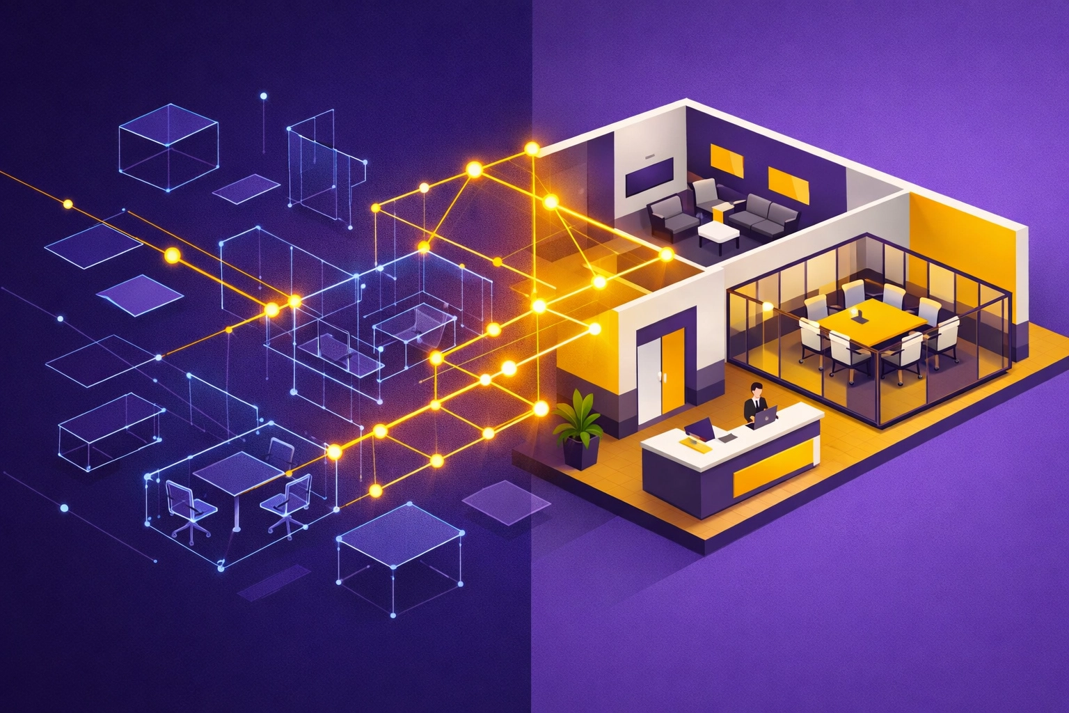 KI-generierte 3D-Büroumgebung entsteht durch World Sketching für Prozesssimulation