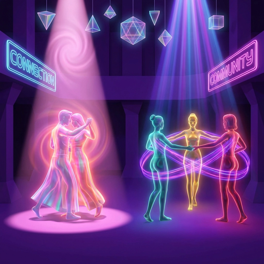 Illustration of monogamous and polyamorous couples glowing under neon lights, symbolizing relationship diversity