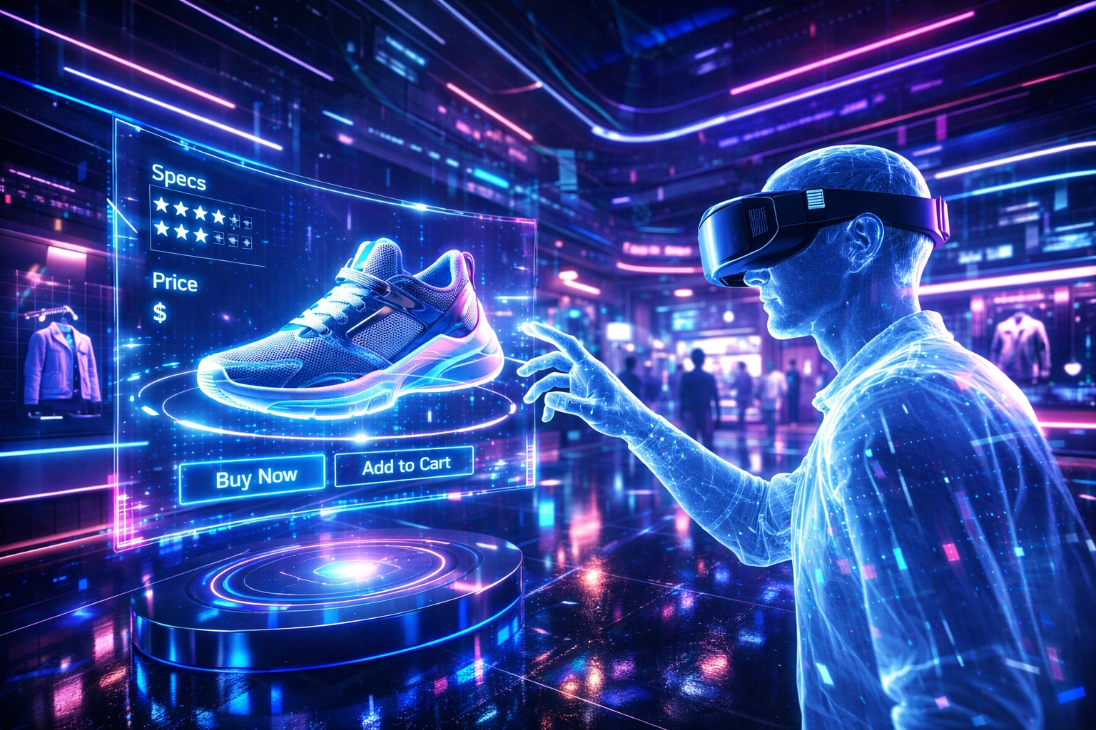 Avatar shopping in VR metaverse store with holographic products floating in digital space