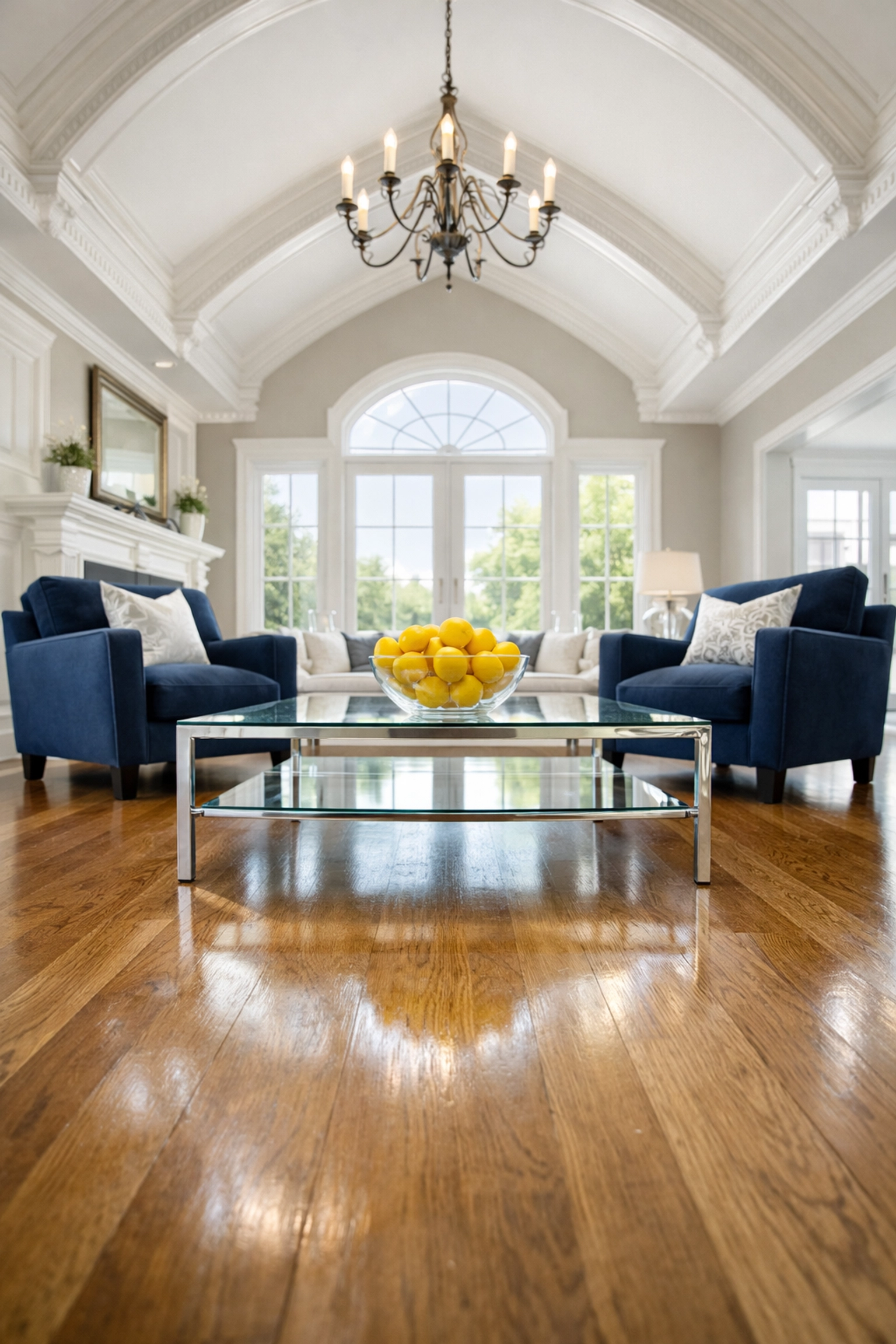 Sun-drenched living room with pristine hardwood floors after professional house cleaning in Sherborn, MA.