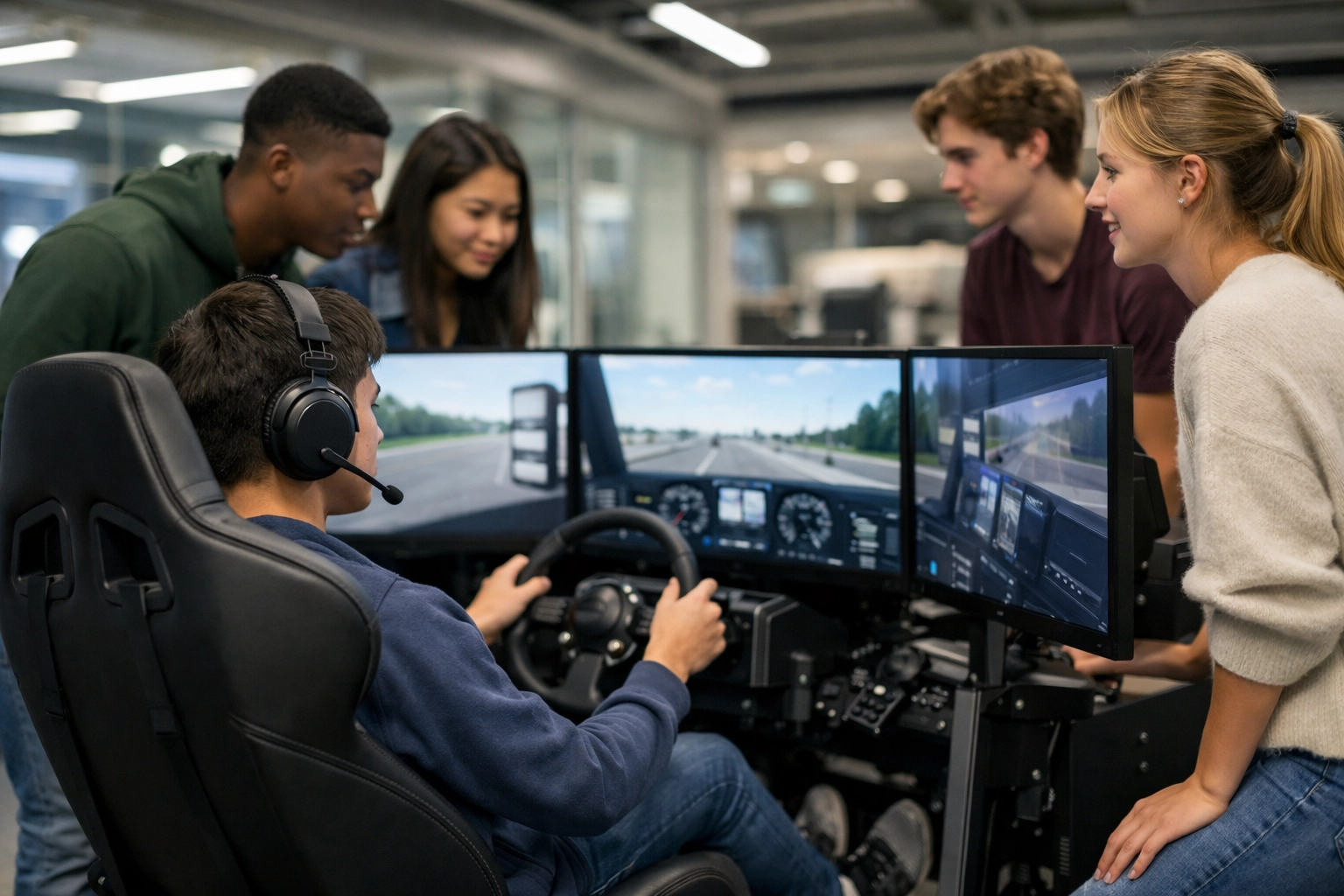 High school students using advanced transportation simulation technology in a modern innovation hub.