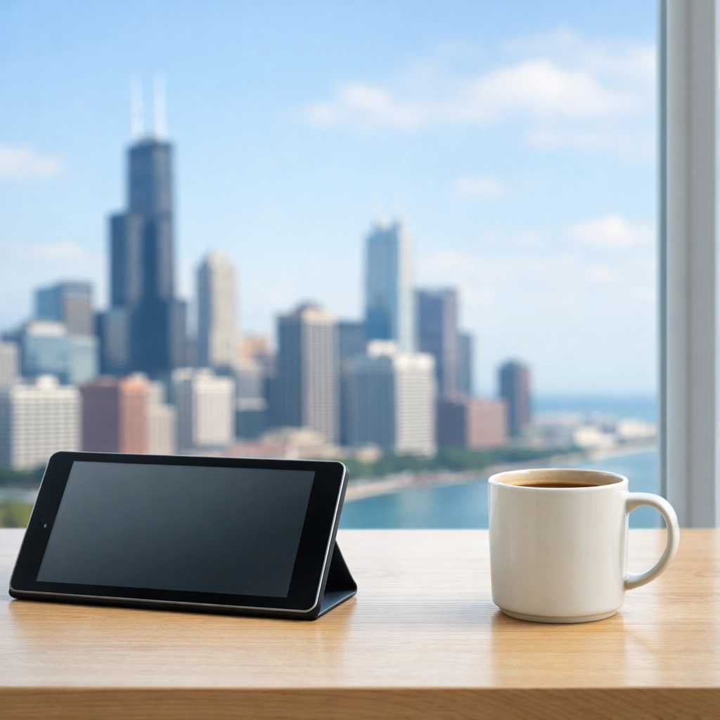 Modern property manager workspace with a tablet and a view of a Midwest city skyline.