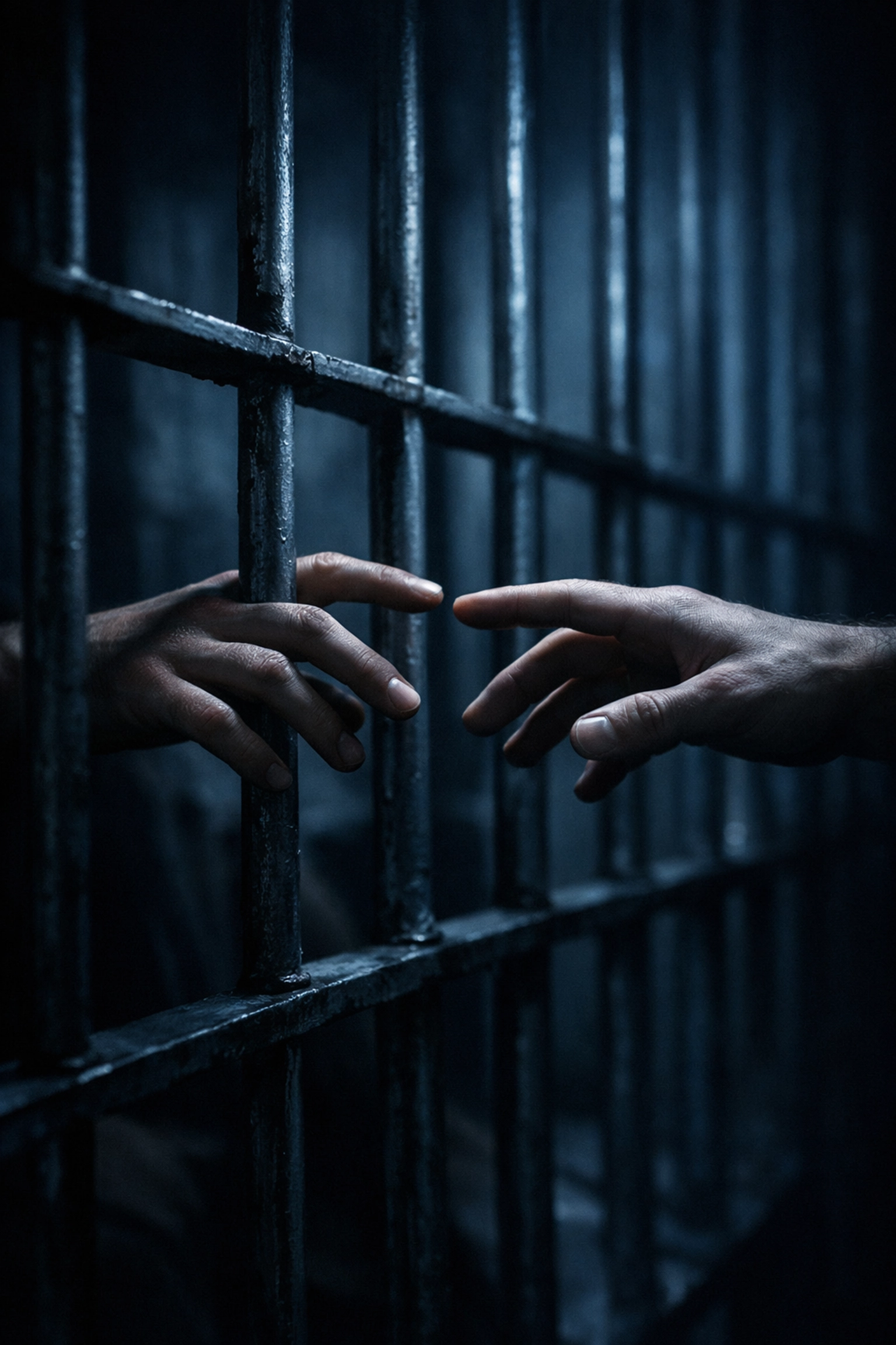 Two men's hands reaching through prison bars showing connection and intimacy behind bars