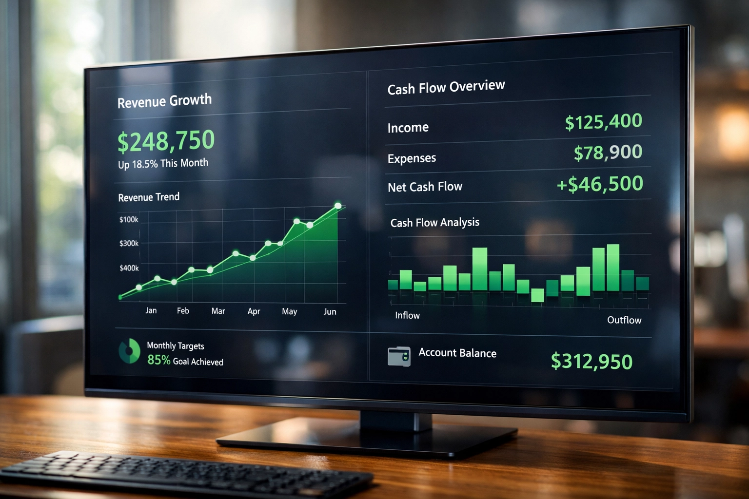 Financial dashboard displaying Shopify revenue growth and cash flow metrics