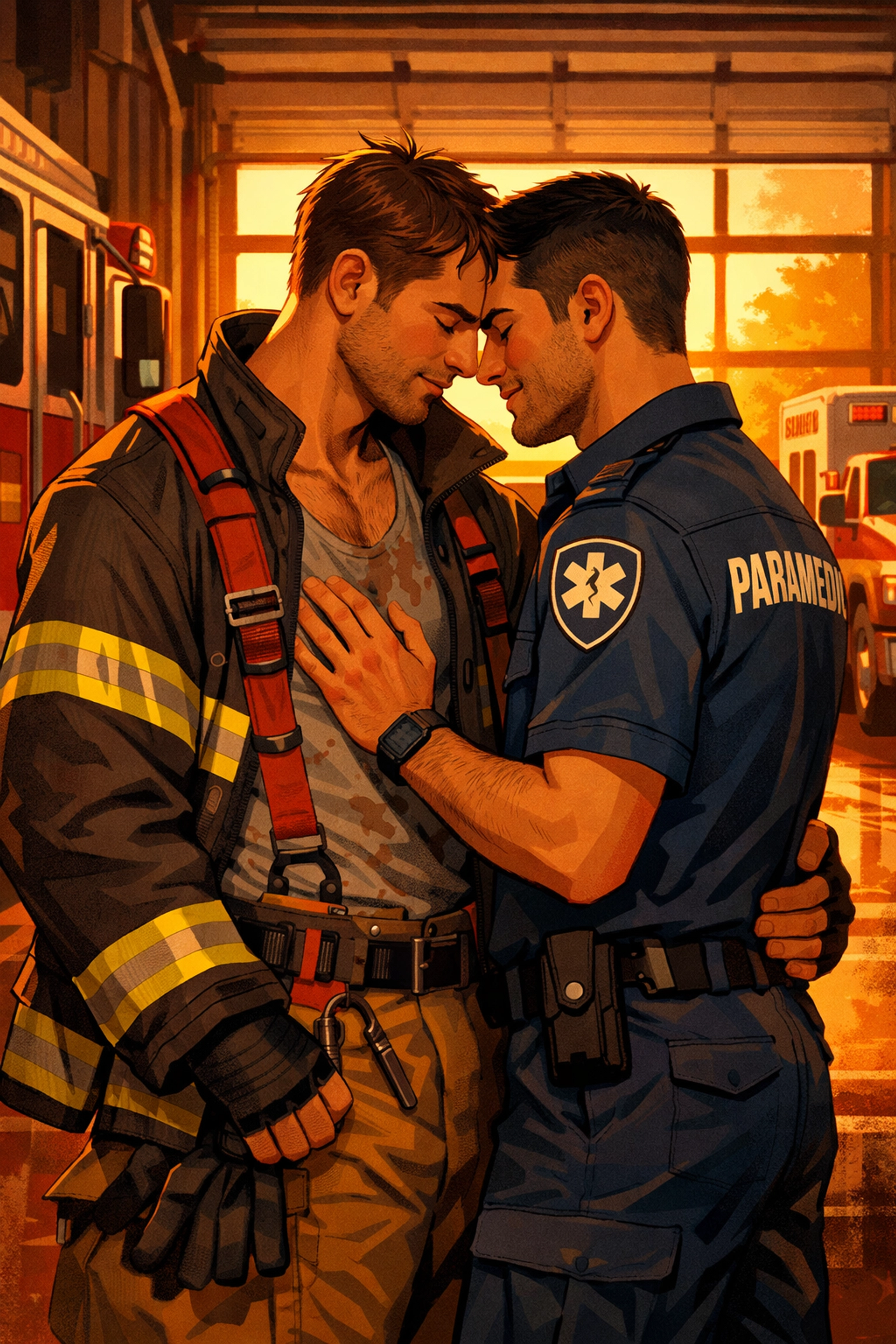Gay firefighter and paramedic romantic moment in fire station - MM romance