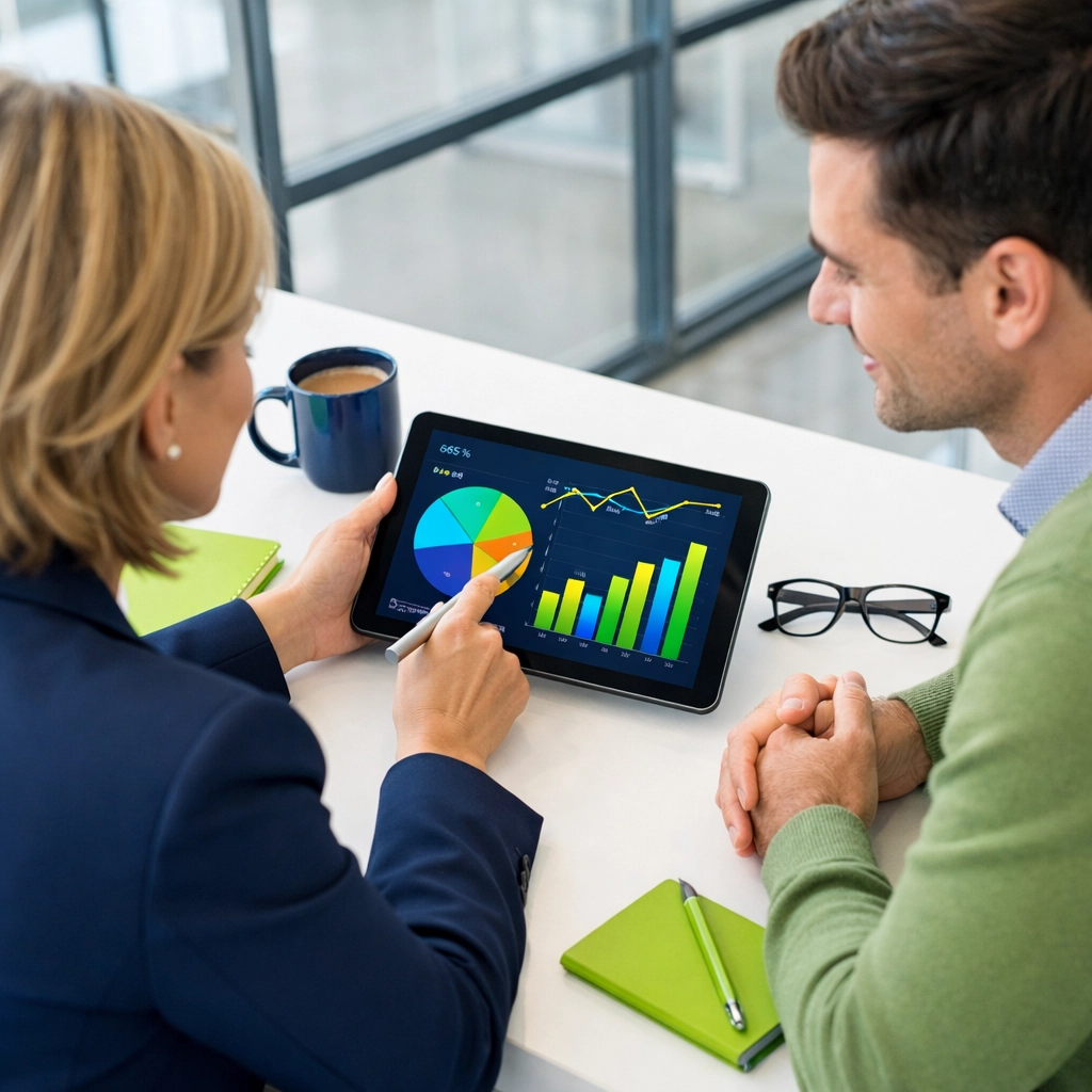 A professional consultant sharing data insights with a client to empower business growth.