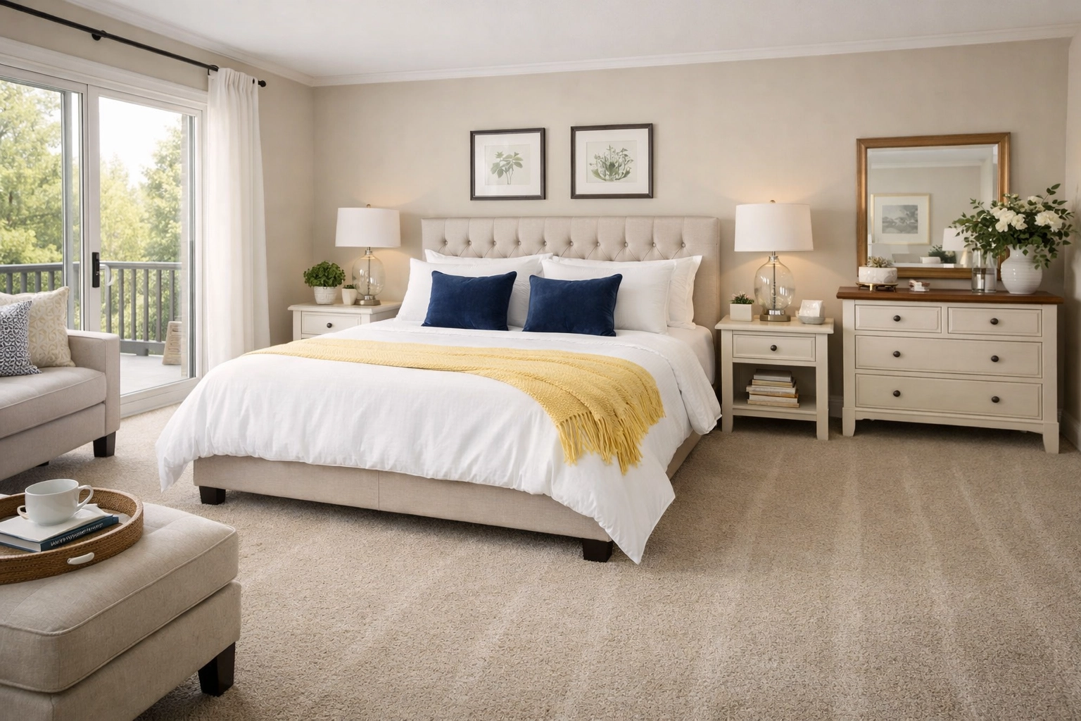 A clean and organized bedroom in Shirley MA after a regular maintenance cleaning service for a stress-free home.